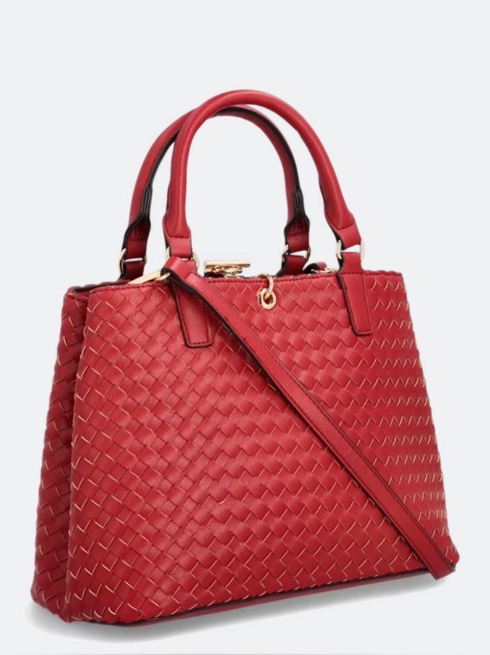 41 Hawthorn Red Woven Satchel with Top Handles and Crossbody Strap